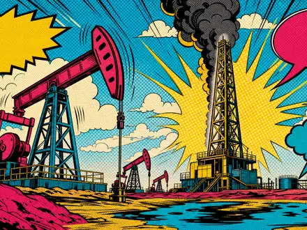 Devon Energy US25179M1036 Pop-Art-Comic mit bunten Pumpjacks und Bohrtürmen in kräftigen Primärfarben Öl-Szene - Foto: THN
