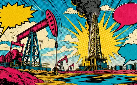 Devon Energy US25179M1036 Pop-Art-Comic mit bunten Pumpjacks und Bohrtürmen in kräftigen Primärfarben Öl-Szene - Foto: THN