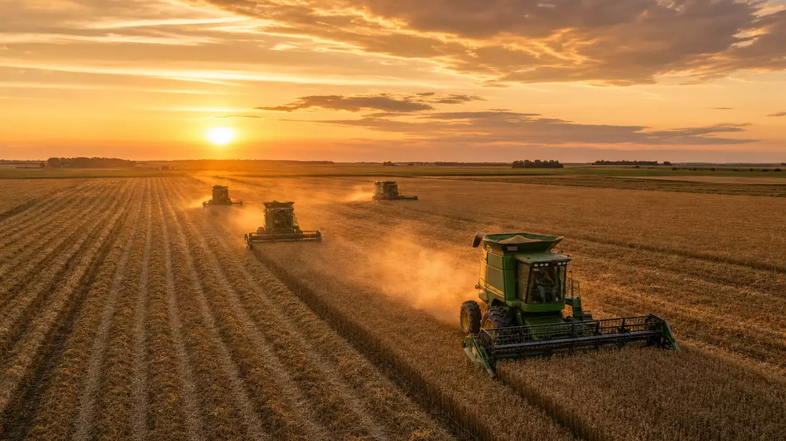 Fotoreale Luftaufnahme von Mähdreschern auf Weizenfeld bei goldenem Abendlicht