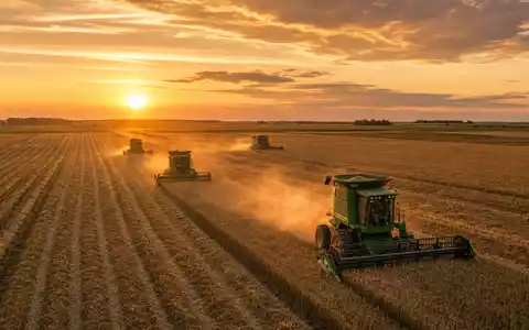 Deere & Co. Mähdrescher ernten goldene Weizenfelder bei Sonnenuntergang, ISIN US24419L1061 Maschinenbau Landmaschinen - Foto: THN