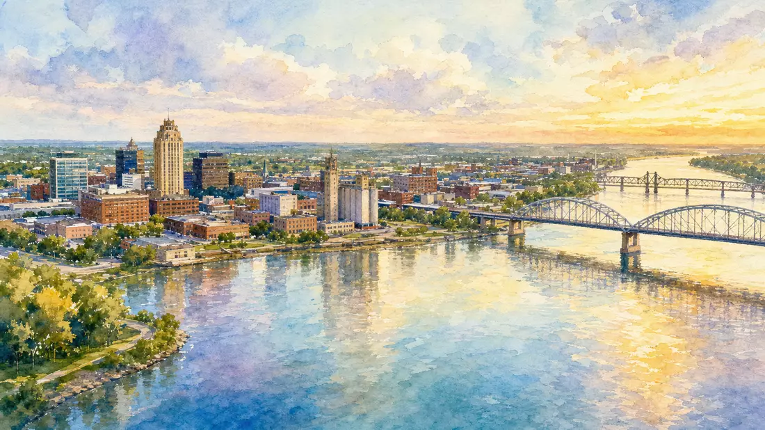 Aquarellillustration der Skyline von Moline Illinois am Mississippi mit Brücken