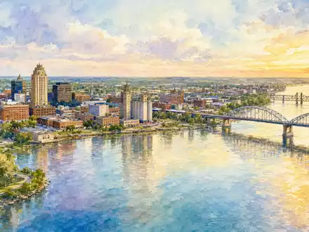 Deere & Co. Stadtpanorama Moline Illinois am Mississippi als Aquarell gemalt, ISIN US24419L1061 Firmensitz - Foto: THN
