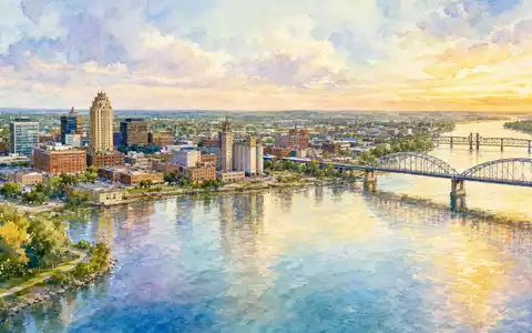 Deere & Co. Stadtpanorama Moline Illinois am Mississippi als Aquarell gemalt, ISIN US24419L1061 Firmensitz - Foto: THN