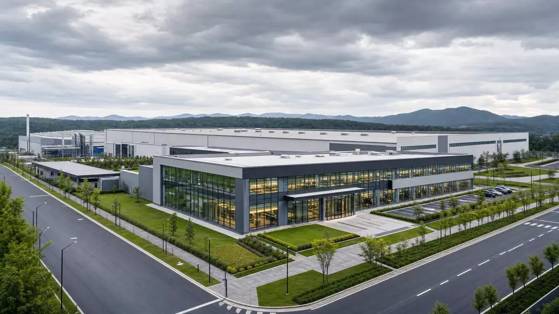CGI-Render eines modernen Industriewerk-Campus mit Glasfassade und gepflegten Grünanlagen