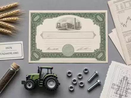 Deere & Co. Flatlay mit Aktien-Zertifikat und ISIN-Karte US24419L1061, Traktor-Modell und Maschinenbau-Utensilien - Foto: THN