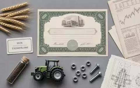 Deere & Co. Flatlay mit Aktien-Zertifikat und ISIN-Karte US24419L1061, Traktor-Modell und Maschinenbau-Utensilien - Foto: THN