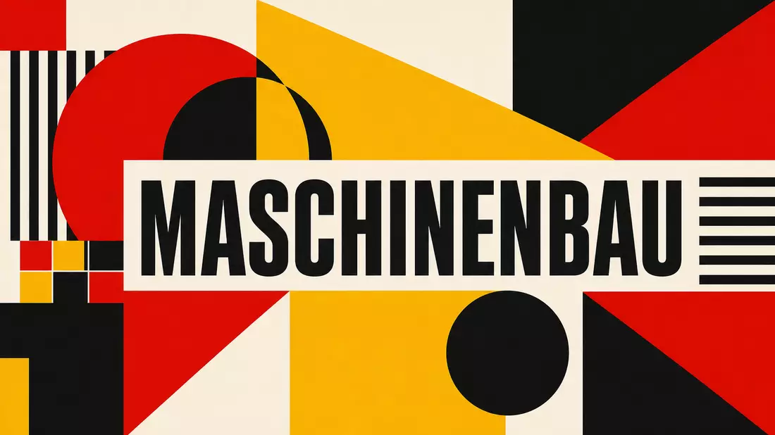 Bauhaus-Plakat mit geometrischen Formen in Rot Gelb Schwarz und Text MASCHINENBAU