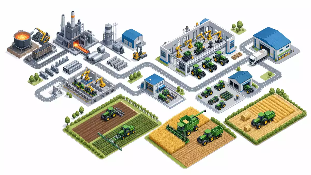 Isometrische 3D-Illustration der Landmaschinen-Wertschöpfungskette von Fabrik bis Feld