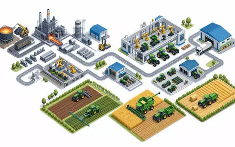 Deere & Co. isometrische Wertschöpfungskette von Stahlwerk bis Feldernte, Maschinenbau ISIN US24419L1061 - Foto: THN