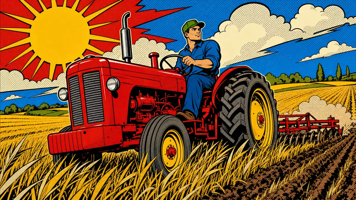 Pop-Art-Comic-Szene mit Traktorfahrer auf gelbem Getreidefeld unter strahlendem Pop-Art-Sonnen-Himmel