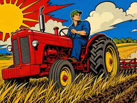 Deere & Co. Pop-Art-Comic mit Traktorfahrer auf goldenem Feld, kräftige Farben, ISIN US24419L1061 Maschinenbau - Foto: THN