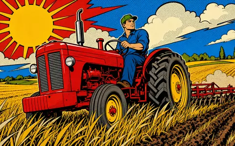 Deere & Co. Pop-Art-Comic mit Traktorfahrer auf goldenem Feld, kräftige Farben, ISIN US24419L1061 Maschinenbau - Foto: THN