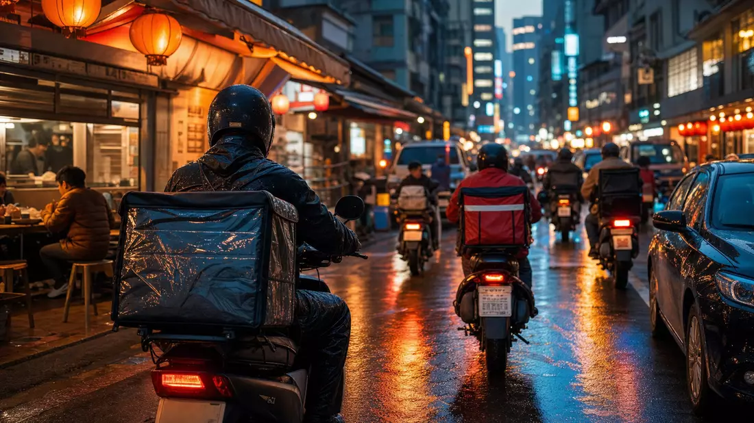 Lieferkuriere auf E-Scootern in asiatischer Großstadt bei Dämmerung