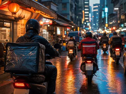 Delivery Hero SE zeigt Kurier-Szene in Asien, ISIN DE000A2E4K43 spiegelt globale Präsenz wider - Foto: THN