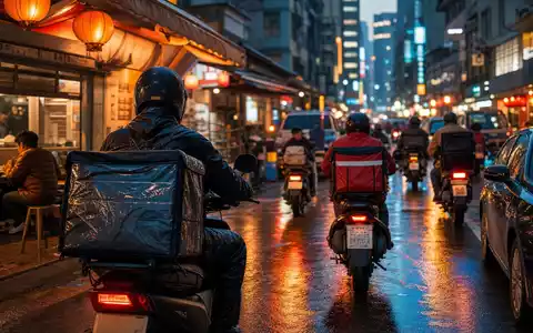 Delivery Hero SE zeigt Kurier-Szene in Asien, ISIN DE000A2E4K43 spiegelt globale Präsenz wider - Foto: THN