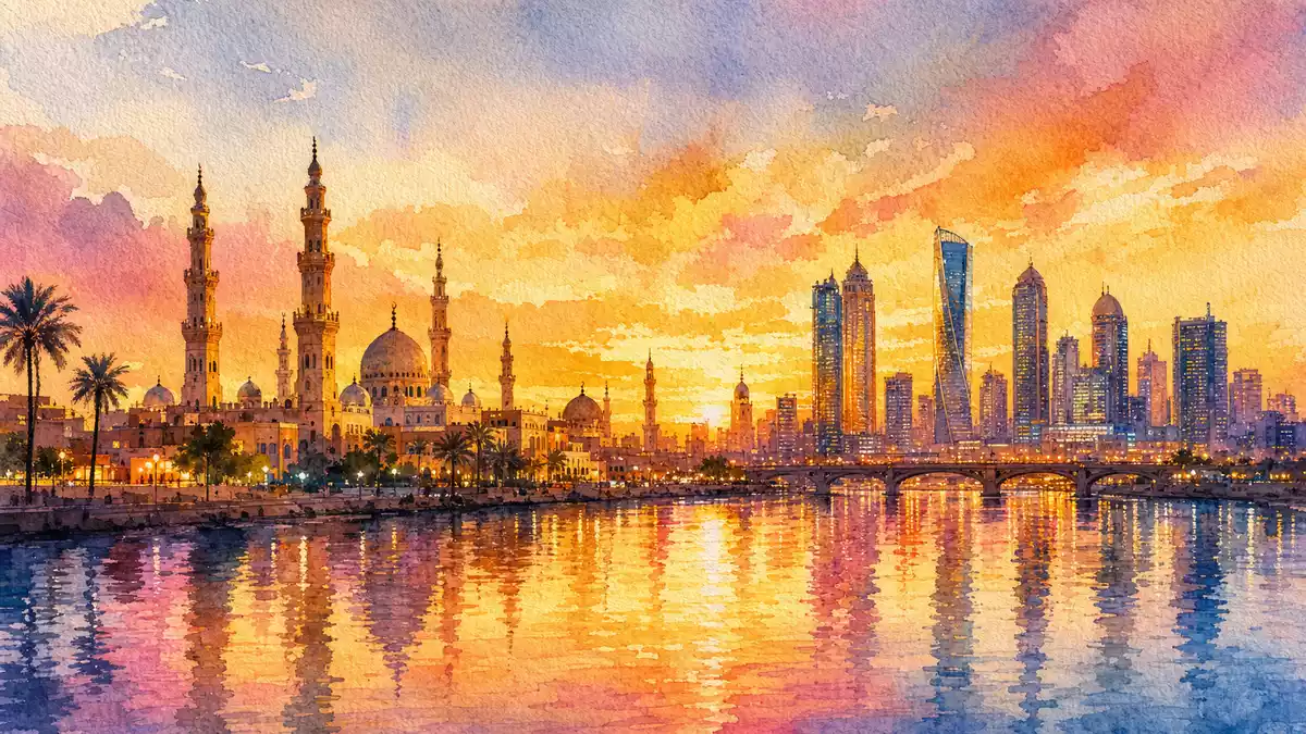 Aquarell-Stadtpanorama einer nahöstlichen Metropole bei Sonnenuntergang