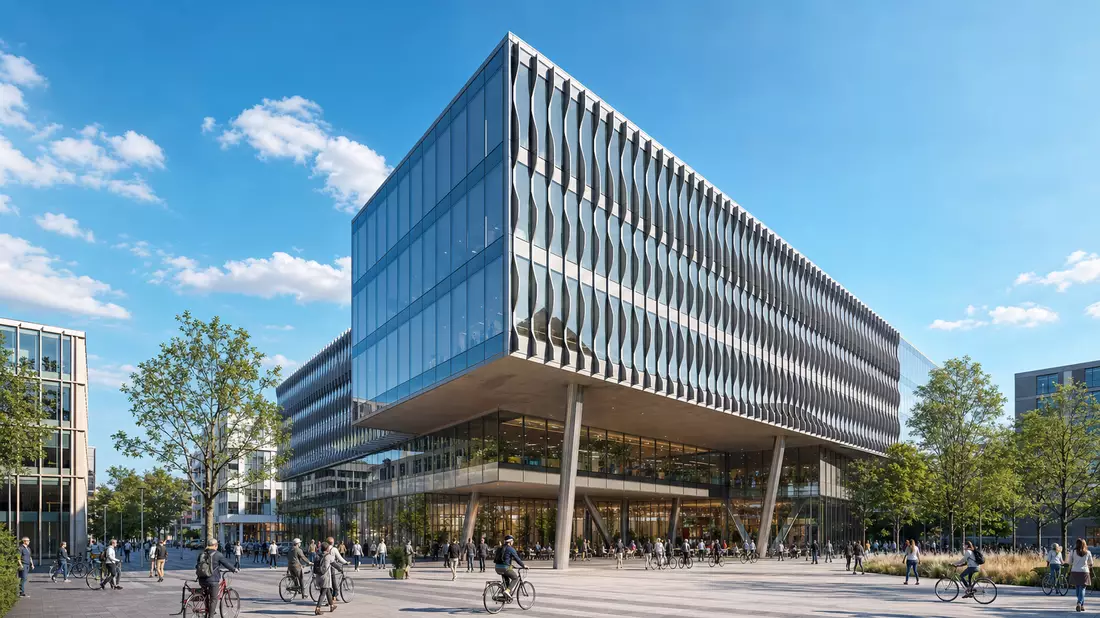 Architektur-Render eines modernen Glas-Stahl-Hochhauses in Berlin