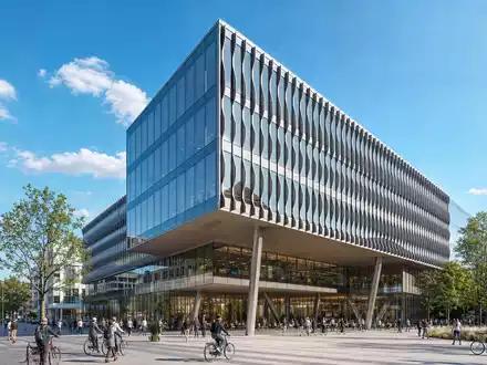 Delivery Hero SE Hauptquartier Berlin, modernes Hochhaus-Render, ISIN DE000A2E4K43 an der Frankfurter Börse - Foto: THN