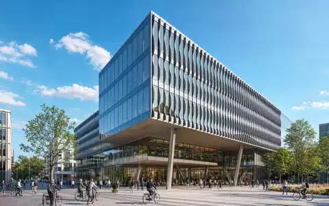 Delivery Hero SE Hauptquartier Berlin, modernes Hochhaus-Render, ISIN DE000A2E4K43 an der Frankfurter Börse - Foto: THN