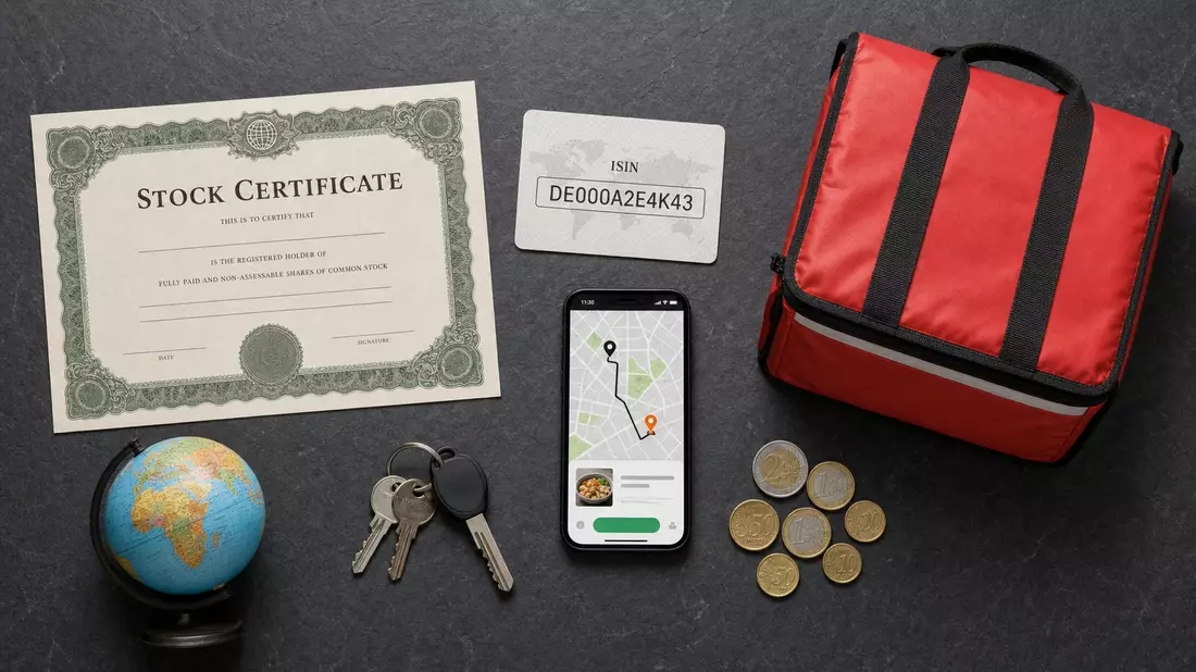 Flatlay: Aktienzertifikat, ISIN-Karte DE000A2E4K43, Liefertasche, Smartphone und Euro-Münzen