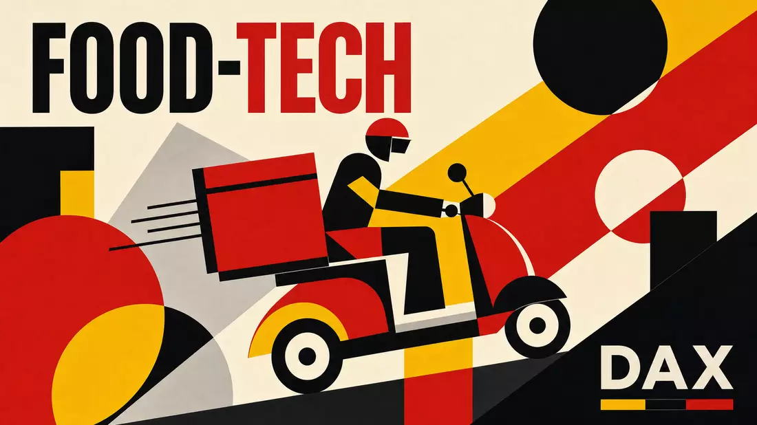 Bauhaus-Poster mit geometrischem Lieferscooter, FOOD-TECH Schriftzug und DAX-Kürzel