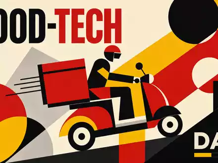 Delivery Hero SE im Bauhaus-Stil, FOOD-TECH und DAX symbolisieren Delivery Hero SE ISIN DE000A2E4K43 Börsennotierung - Foto: THN