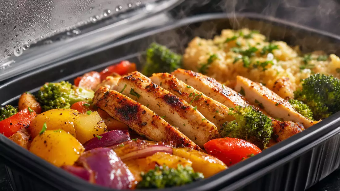 Makro-Nahaufnahme gegrilltes Hühnchen mit Gemüse in schwarzer Lieferbox