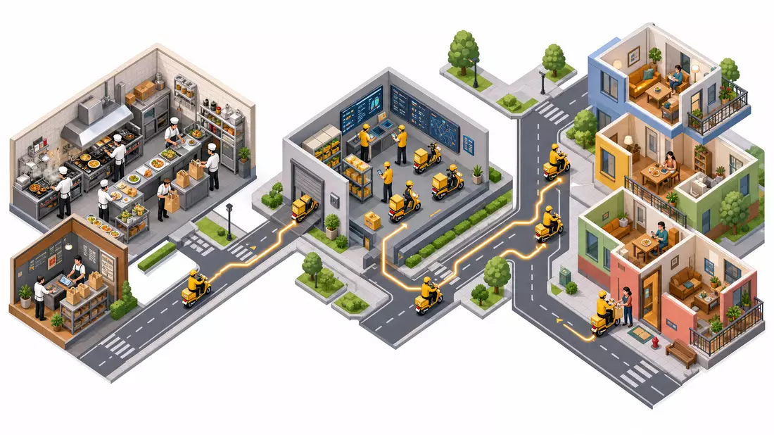 Isometrische 3D-Illustration der Lieferkette von Restaurantküche bis Wohnungstür