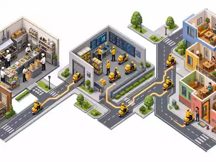 Delivery Hero SE Wertschöpfungskette isometrisch von Küche bis Haustür, ISIN DE000A2E4K43 repräsentiert digitale Plattform - Foto: THN