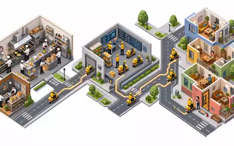 Delivery Hero SE Wertschöpfungskette isometrisch von Küche bis Haustür, ISIN DE000A2E4K43 repräsentiert digitale Plattform - Foto: THN