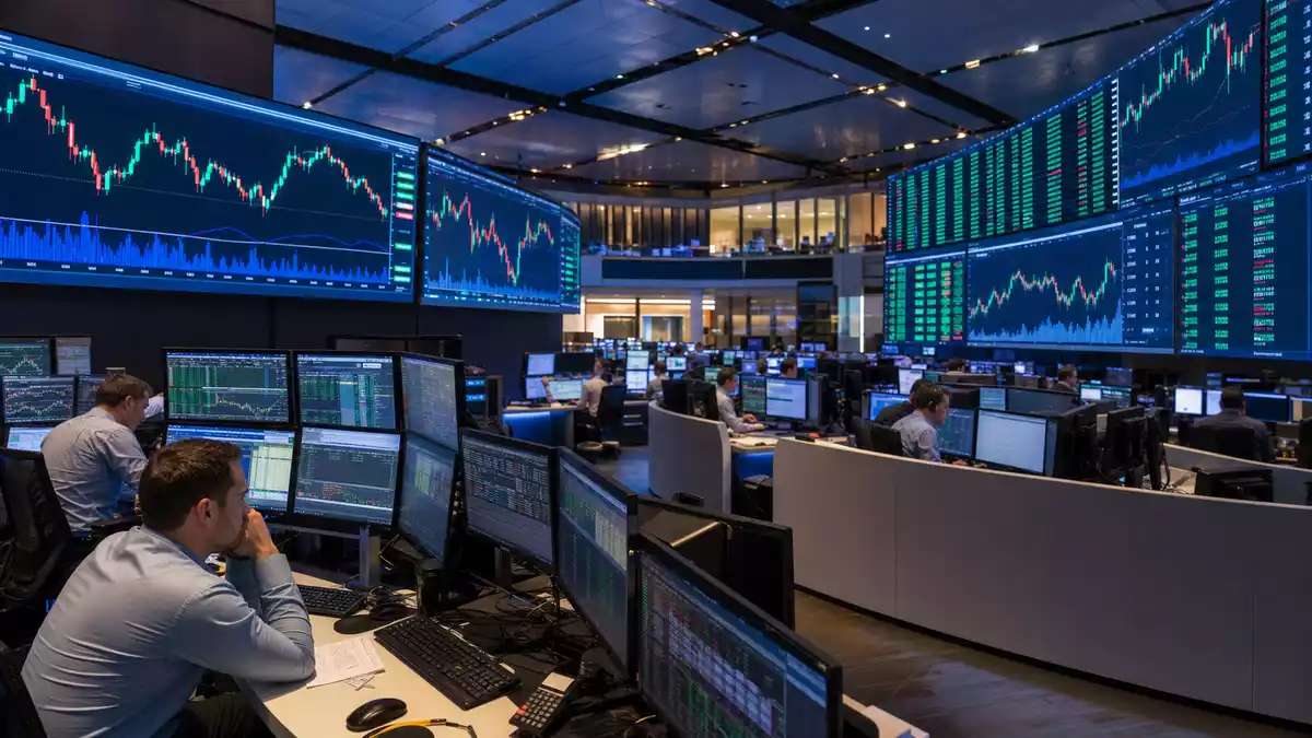 Börsen-Trading-Floor Frankfurt mit Food-Tech-Sektorkursen auf großen Bildschirmen