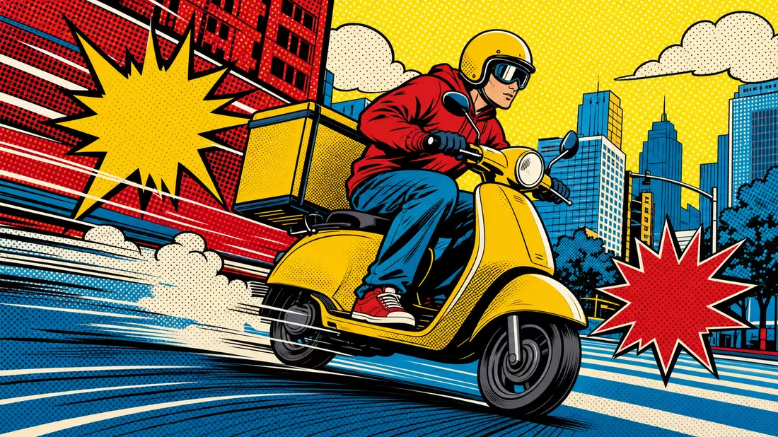 Pop-Art-Comic: Lieferkurier auf gelbem Scooter mit Halftone-Punkten und Speedlines