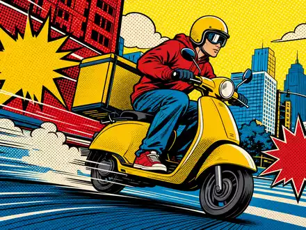 Delivery Hero SE Pop-Art-Illustration von Lieferkurier in Großstadt, ISIN DE000A2E4K43 steht für dynamisches Wachstum - Foto: THN