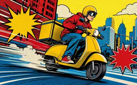Delivery Hero SE Pop-Art-Illustration von Lieferkurier in Großstadt, ISIN DE000A2E4K43 steht für dynamisches Wachstum - Foto: THN