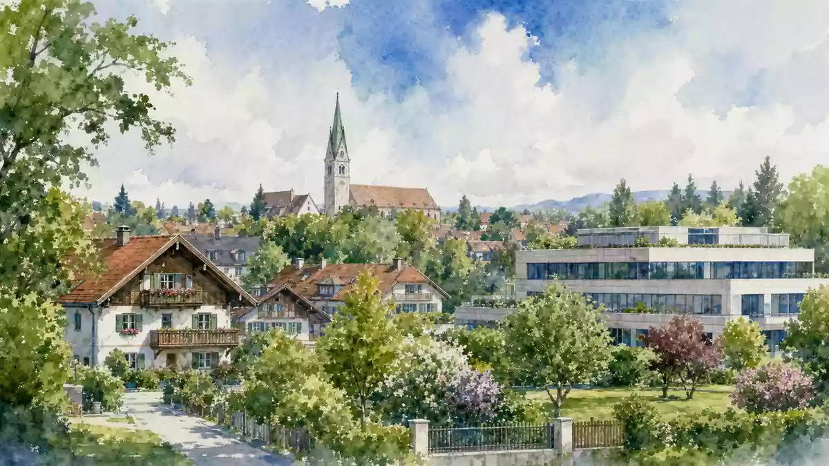 Aquarell von Grünwald bei München mit bayerischen Häusern und Unternehmensgebäude