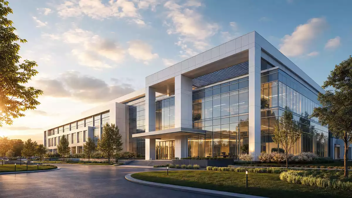 Architektur-Render moderner Pharmakonzern-Hauptsitz, Glas und Beton, Abendlicht