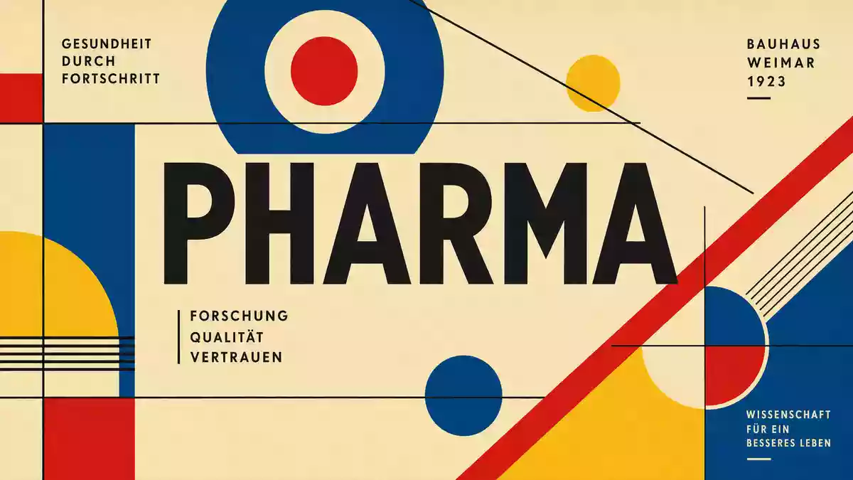 Bauhaus-Poster geometrisch mit PHARMA-Schriftzug, Primärfarben Rot Blau Gelb