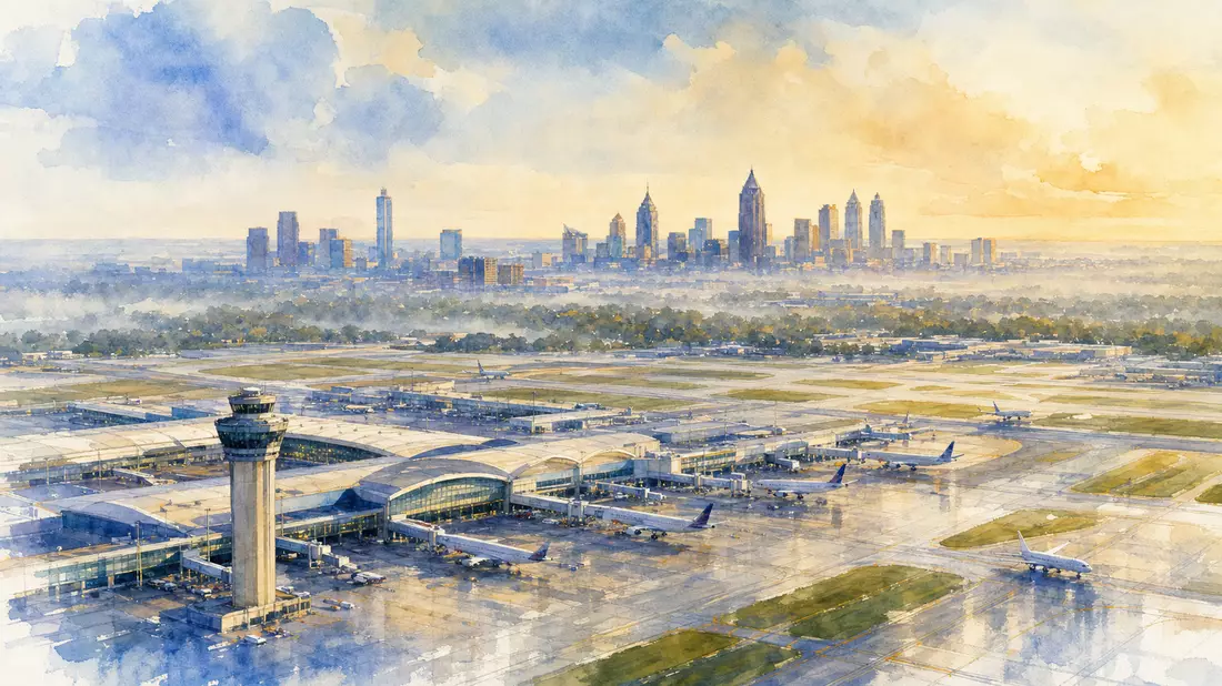 Aquarell des Flughafens Atlanta mit Stadtskyline im Morgennebel
