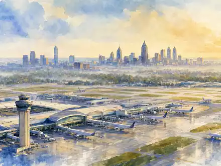 Delta Air Lines Inc. Aquarellbild des Hartsfield-Jackson Flughafens Atlanta mit Stadtskyline, US2473617023 - Foto: THN