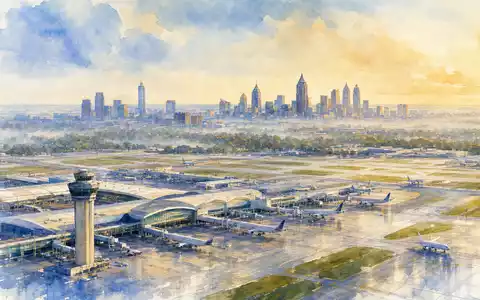 Delta Air Lines Inc. Aquarellbild des Hartsfield-Jackson Flughafens Atlanta mit Stadtskyline, US2473617023 - Foto: THN
