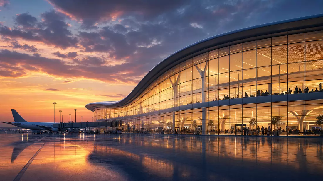 Architektur-CGI-Render eines modernen internationalen Flughafen-Terminals bei Dämmerung