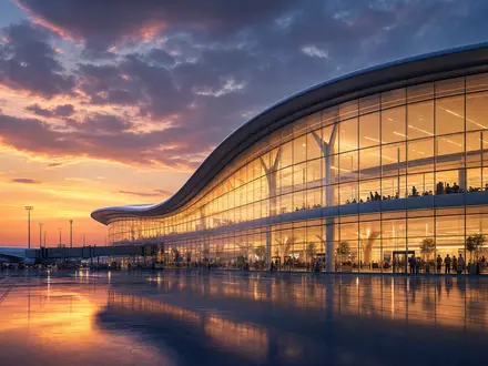 Delta Air Lines Inc. modernes internationales Flughafen-Terminal Architektur-Render bei Dämmerung, ISIN US2473617023 - Foto: THN