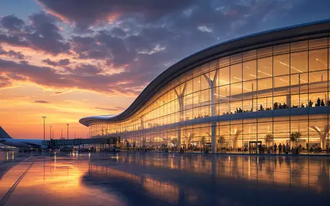Delta Air Lines Inc. modernes internationales Flughafen-Terminal Architektur-Render bei Dämmerung, ISIN US2473617023 - Foto: THN