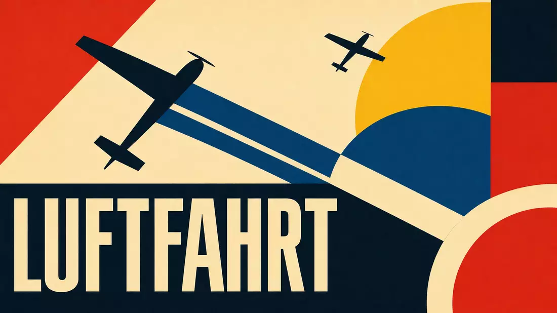 Bauhaus-Poster mit geometrischen Flugzeugsilhouetten und dem Wort LUFTFAHRT in Primärfarben