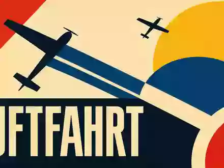 Delta Air Lines Inc. Bauhaus-Poster mit geometrischen Flugzeugsilhouetten und Sektor-Text LUFTFAHRT, US2473617023 - Foto: THN