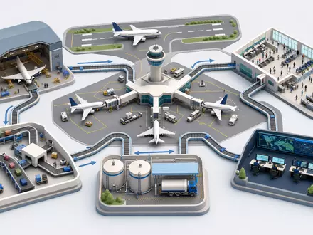 Delta Air Lines Inc. isometrisches 3D-Diagramm zeigt die Wertschöpfungskette einer Fluggesellschaft, US2473617023 - Foto: THN