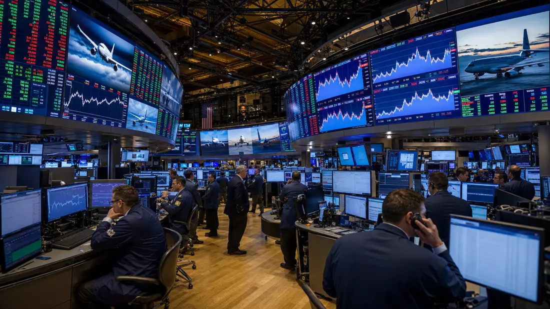 NYSE-Handelsparkett mit Luftfahrt-Aktiencharts auf digitalen Großbildschirmen