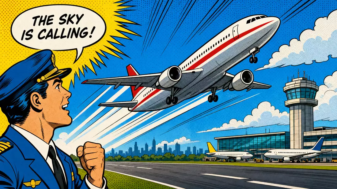 Pop-Art-Comic mit startendem Passagierflugzeug und begeistertem Piloten am Flughafen