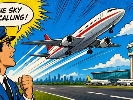 Delta Air Lines Inc. farbiger Pop-Art-Comic mit startendem Flugzeug und begeistertem Piloten, US2473617023 - Foto: THN