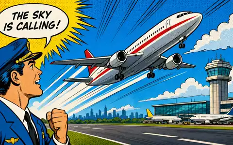 Delta Air Lines Inc. farbiger Pop-Art-Comic mit startendem Flugzeug und begeistertem Piloten, US2473617023 - Foto: THN